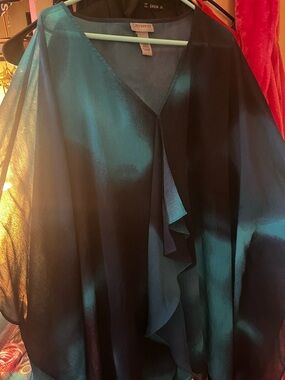 Catherines Teal and Black Sheer Ruffle Top